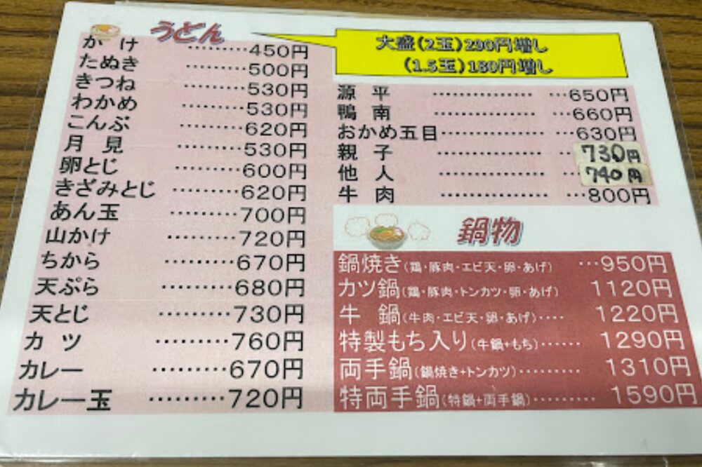 元祖手打ちうどん さぬきやメニュー