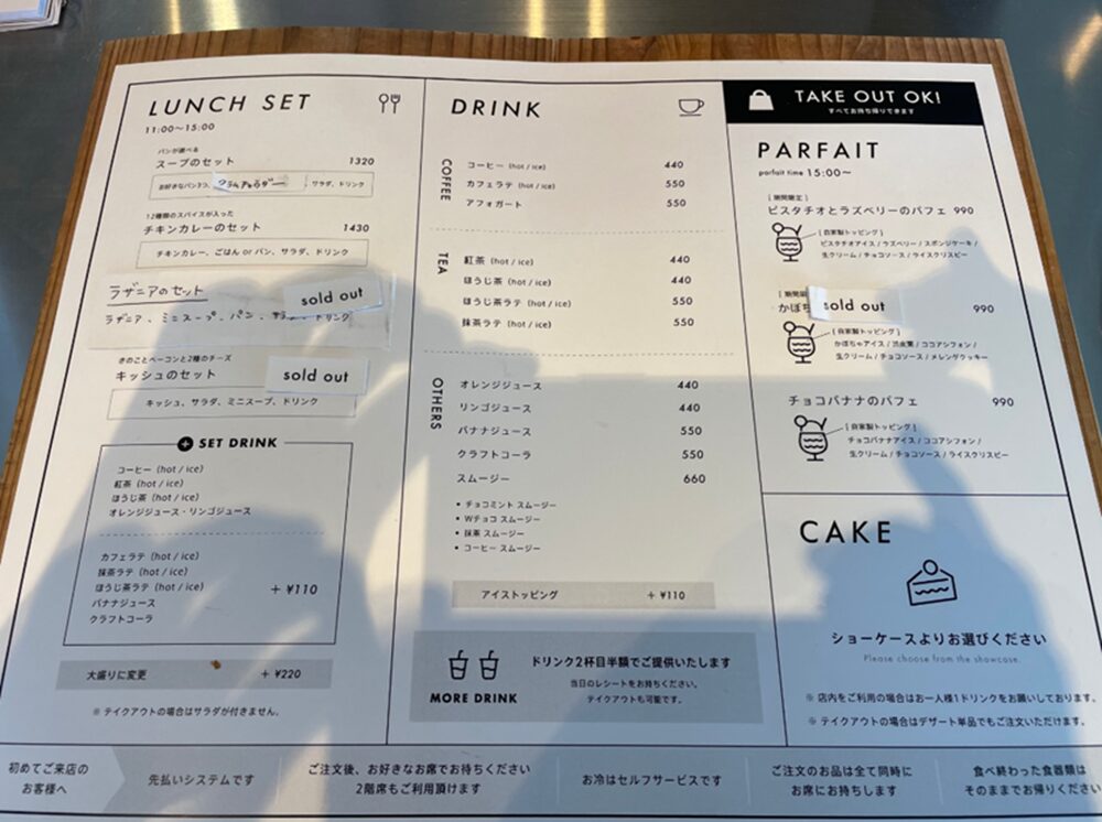 日々のカフェのメニュー